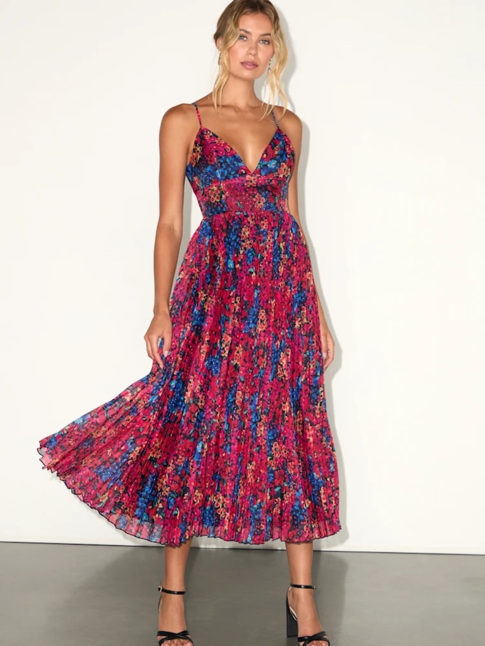 Black Multi Floral Pleated Midi Dress